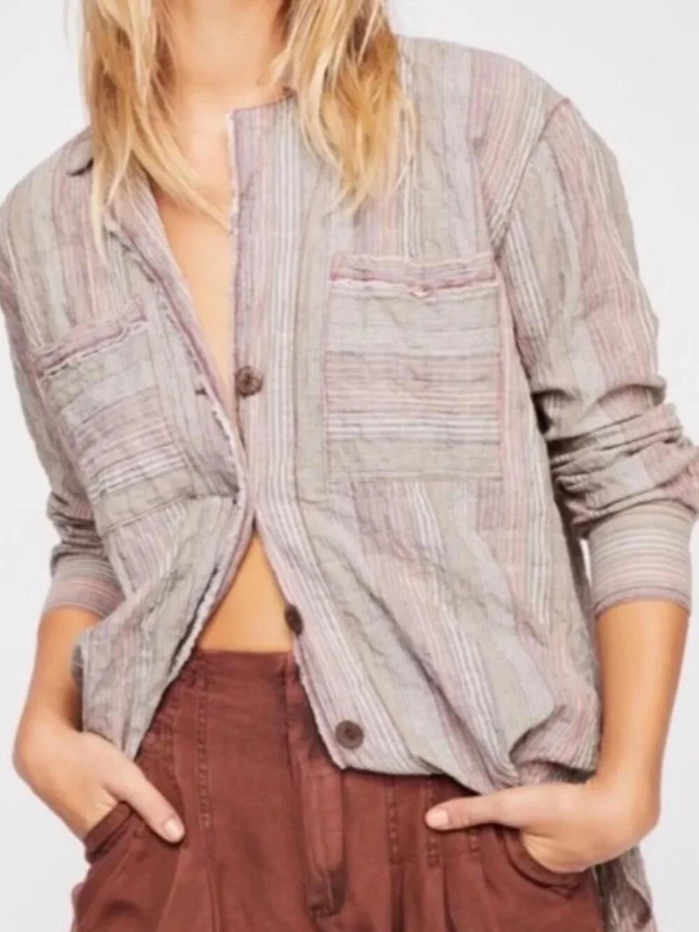 NWT Free People High Tides Pink Sands Top Women's Size Small Button Down Striped